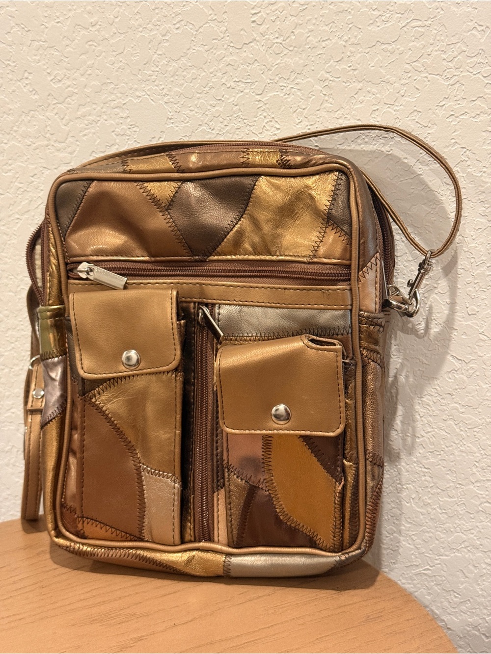 Patchwork Metallic Brown Crossbody Bag - Unbranded
